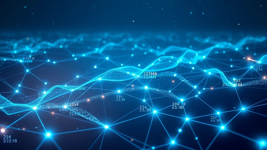 Photorealistic image of blockchain network nodes and transactions flowing across a digital landscape, showing interconnected cryptocurrency nodes with glowing connections and data streams, representing Bitcoin network security and distributed ledger technology, dark blue and cyan colors
