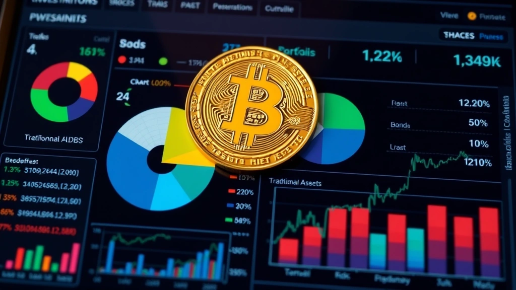 A photorealistic image of a diversified investment portfolio displayed on a digital interface, showing Bitcoin alongside traditional assets like stocks and bonds, with pie charts and allocation percentages, representing portfolio diversification strategy and risk management