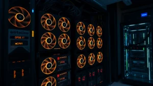 Cryptocurrency mining rig with multiple graphics cards illuminated in a dark server room, realistic lighting showing GPU fans spinning, cables organized neatly, professional setup
