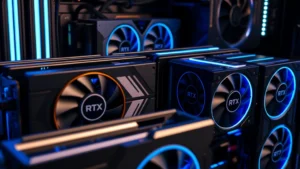 Close-up of high-end graphics processing units (GPUs) arranged in a mining rig setup with blue LED lighting, showing RTX 3080 and RTX 2080 cards in professional configuration, dramatic side lighting, photorealistic detail of circuit boards and cooling systems