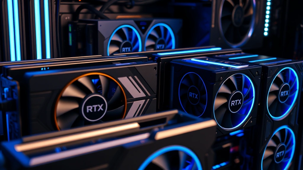 Close-up of high-end graphics processing units (GPUs) arranged in a mining rig setup with blue LED lighting, showing RTX 3080 and RTX 2080 cards in professional configuration, dramatic side lighting, photorealistic detail of circuit boards and cooling systems