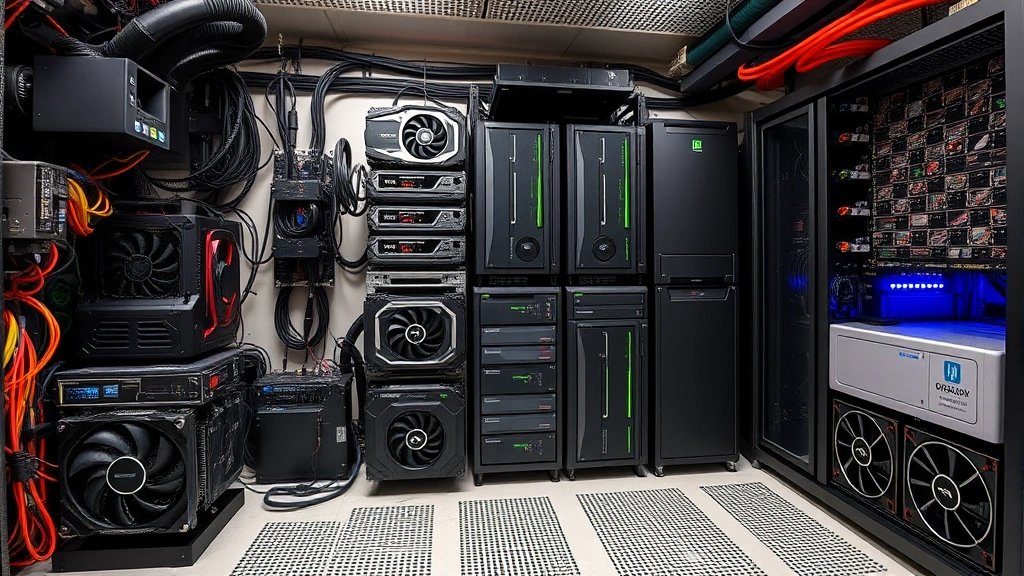 Detailed cryptocurrency mining hardware setup with GPU cards, cooling systems, and power distribution units in professional data center environment
