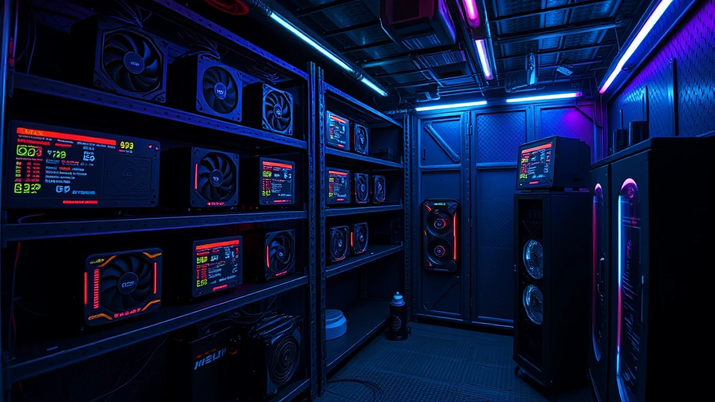 Escape from Tarkov hideout Bitcoin farm room with multiple GPU units mounted on industrial shelving, glowing screens showing mining statistics, neon blue and purple ambient lighting reflecting off metal surfaces, cinematic gaming environment photography