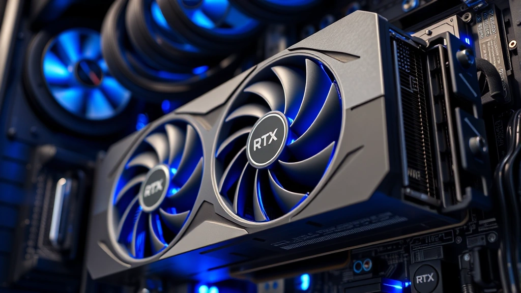 Close-up of high-end graphics card (RTX 3090) installed in mining hardware, detailed circuitry visible, blue LED lighting, professional photography style