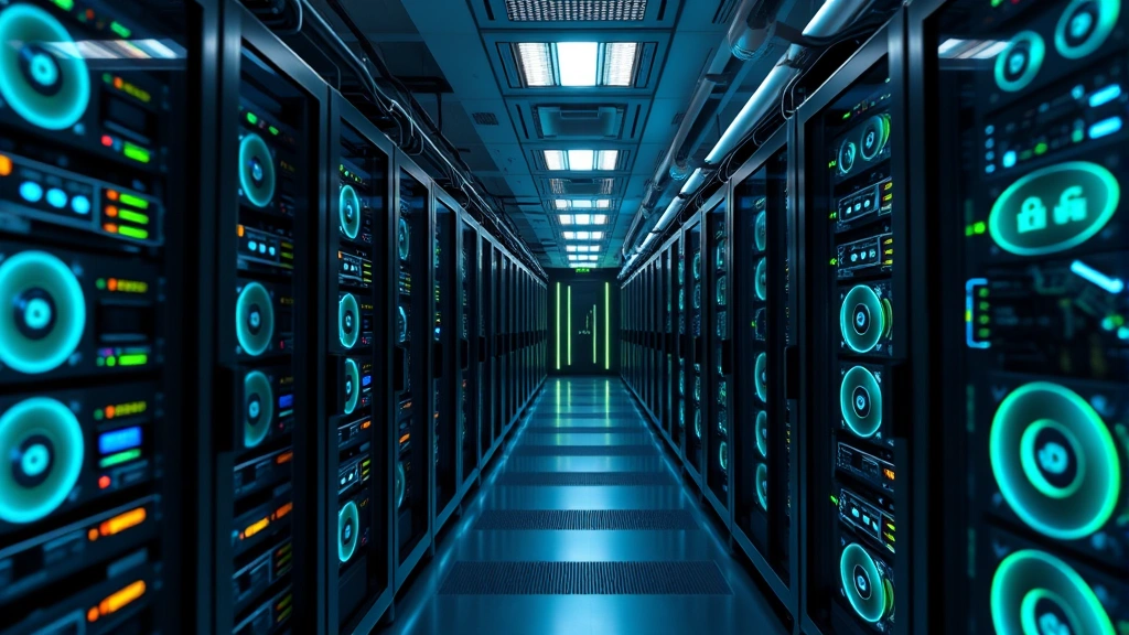 Futuristic cryptocurrency mining farm with rows of graphics cards glowing with blue and green lights, server racks with cooling systems, professional data center environment