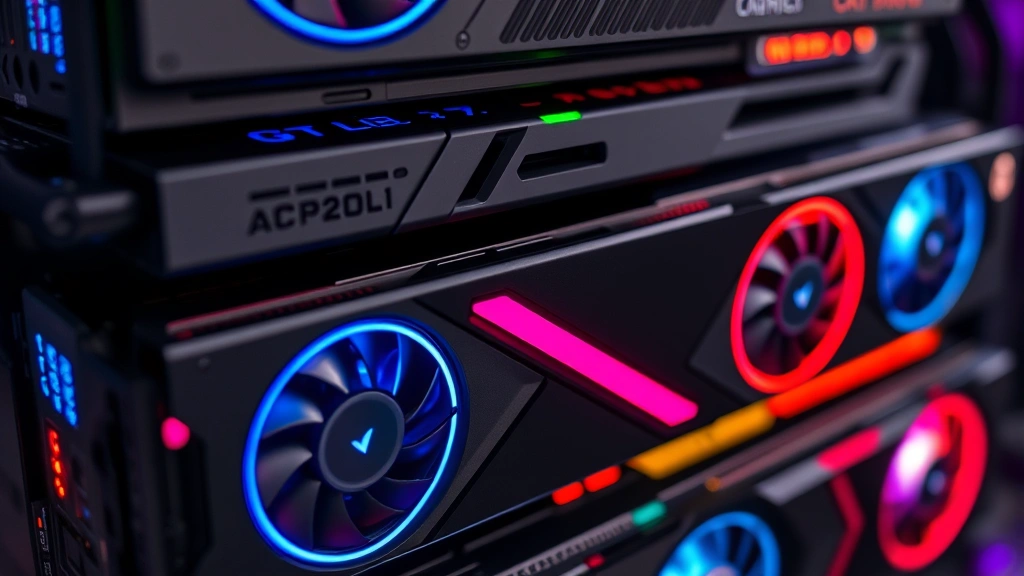Close-up of high-end GPU graphics cards stacked together with LED indicators and cooling systems active, photorealistic hardware photography