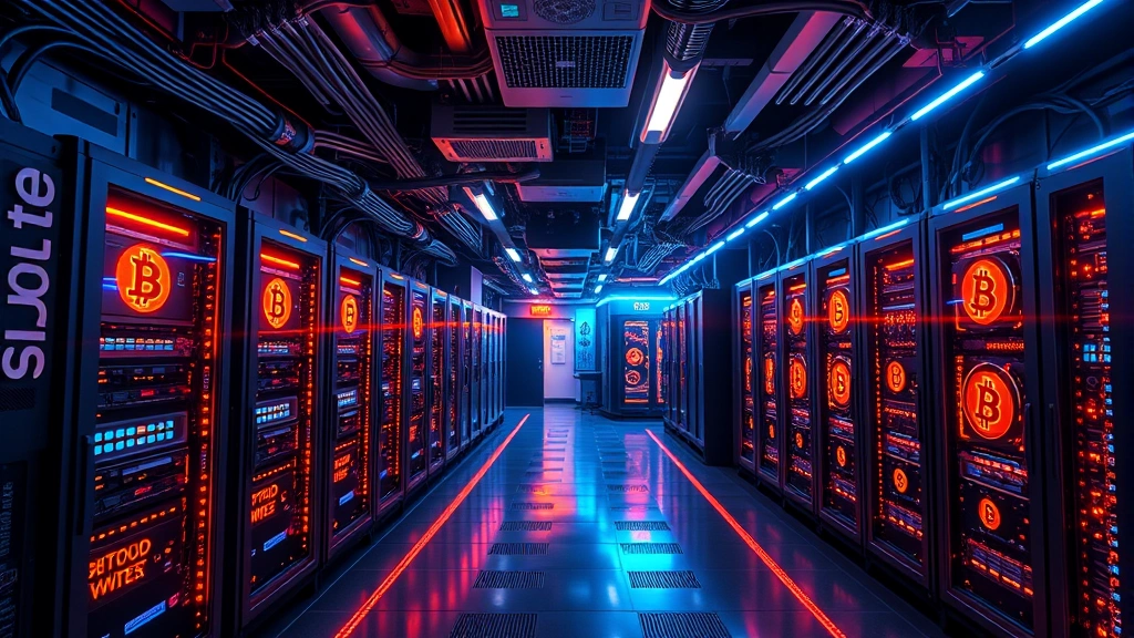 Futuristic underground Bitcoin mining facility with glowing graphics cards and server racks, blue and orange neon lighting, cyberpunk aesthetic, digital data streams flowing through the air