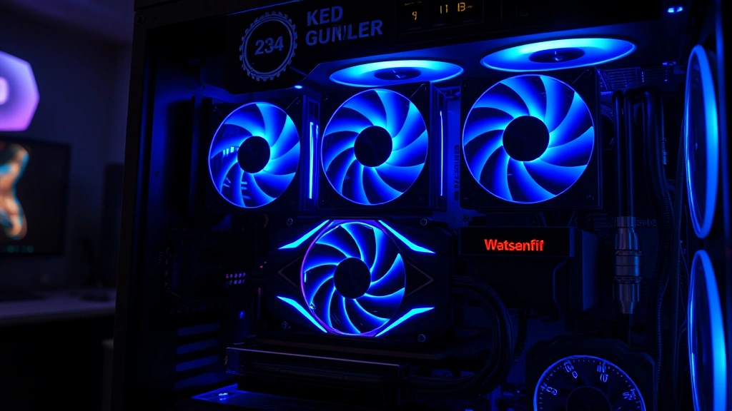 Photorealistic image of a computer setup with multiple graphics cards glowing with blue LED lights installed in a custom mining rig, showing thermal paste and cooling systems, dark gaming room background with ambient lighting