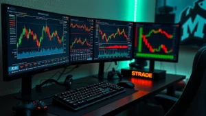 Photorealistic image of a gaming setup with multiple monitors displaying cryptocurrency charts and market data, showing a professional trader's desk with mechanical keyboard and gaming peripherals, focused lighting, no text visible