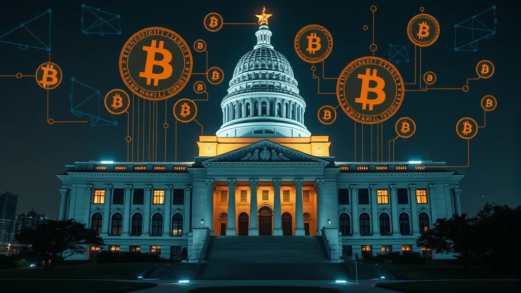 Futuristic Texas Capitol building with Bitcoin symbols and blockchain visualization, holographic security elements, night lighting, modern architecture blending with crypto imagery