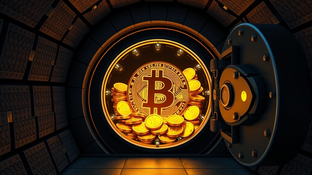 Secure underground vault with glowing Bitcoin coins, multi-layer security doors, biometric scanners, and cryptographic lock mechanisms representing institutional-grade cold storage