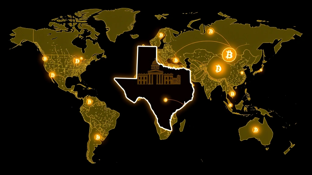 Global map showing Texas highlighted with Bitcoin network nodes and connectivity lines, institutional buildings, representing Texas as crypto financial hub
