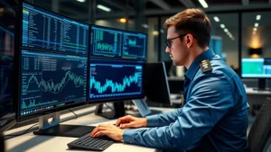 A professional law enforcement officer examining blockchain data on a high-tech computer workstation with multiple monitors displaying transaction networks and digital asset flows in a modern office setting