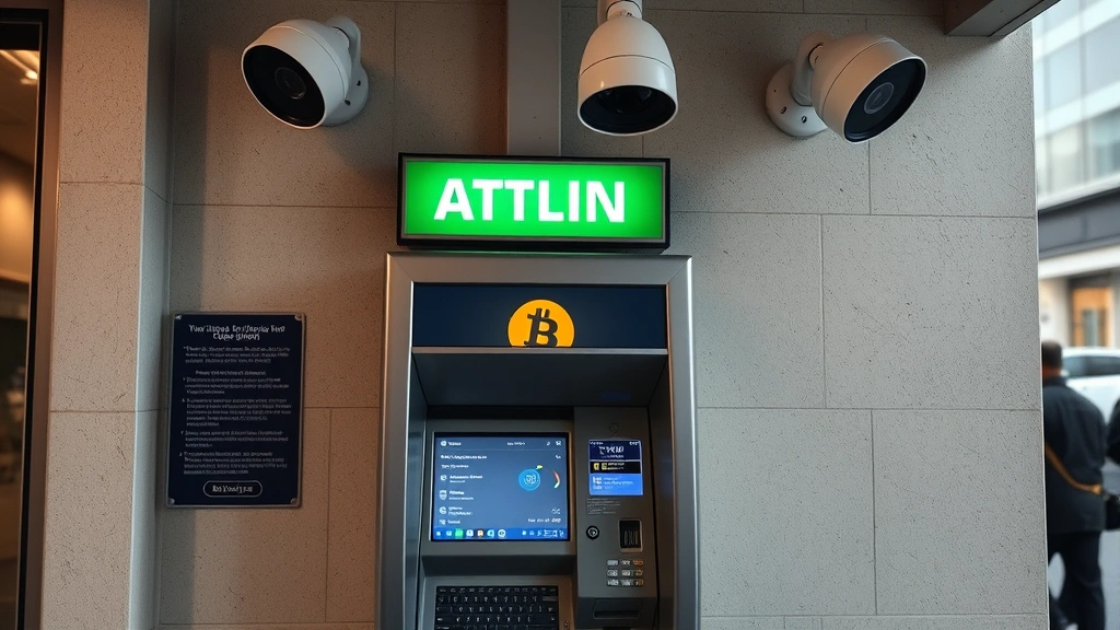 A Bitcoin ATM machine mounted on a wall with security cameras visible above it, showing the physical interface where cryptocurrency transactions occur in a public location