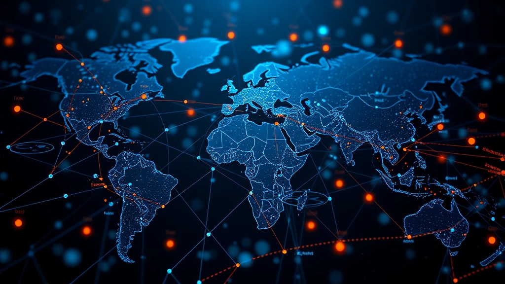 A digital visualization of interconnected blockchain nodes and cryptocurrency transactions flowing across a global network, representing the tracking of stolen Bitcoin through the blockchain system