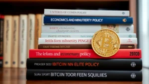 Stack of physical books on economics and monetary policy with Bitcoin symbol visible, realistic photography, natural lighting, professional bookshelf setting