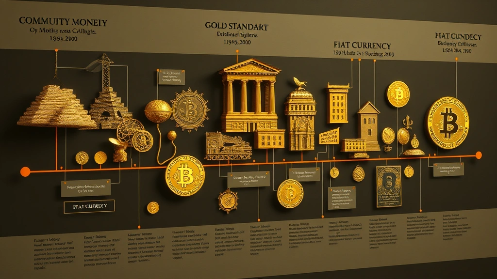 Historical monetary systems timeline visualization showing commodity money, gold standard, fiat currency, and Bitcoin as evolution, detailed historical artifacts