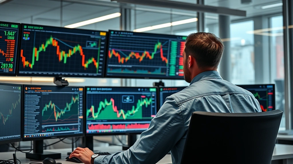 Photorealistic image of a professional trader analyzing Bitcoin price charts on multiple monitors in a modern financial office, displaying blockchain network visualization with interconnected nodes, no text or ticker symbols visible