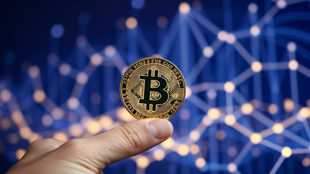 A person holding a physical Bitcoin coin with glowing blockchain network visualization in the background, representing digital wealth and security