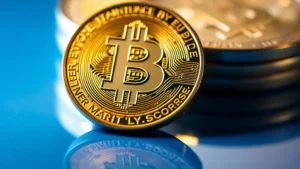 Close-up of a physical Bitcoin coin with holographic security features, sitting on a reflective surface with soft blue lighting, photorealistic detail showing texture and metallic properties