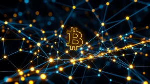 Digital representation of Bitcoin blockchain network nodes glowing with interconnected lines, representing decentralized financial technology and network security in a modern cryptocurrency ecosystem