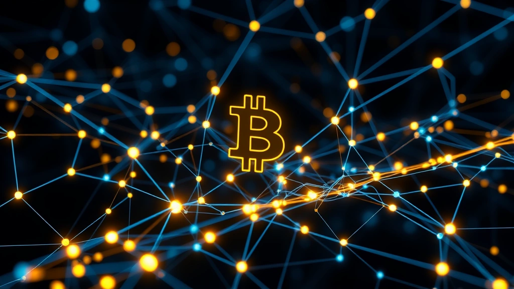 Digital representation of Bitcoin blockchain network nodes glowing with interconnected lines, representing decentralized financial technology and network security in a modern cryptocurrency ecosystem