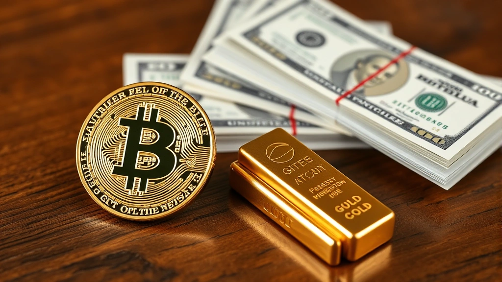 Photorealistic image of a physical Bitcoin coin beside traditional gold bullion bars and US dollar bills on a wooden desk, representing asset comparison and diversification concepts, natural lighting, no visible text
