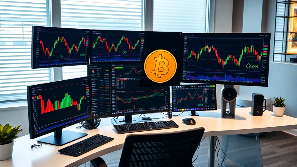A modern trading desk with multiple monitors displaying Bitcoin charts and candlesticks, showing professional cryptocurrency analysis