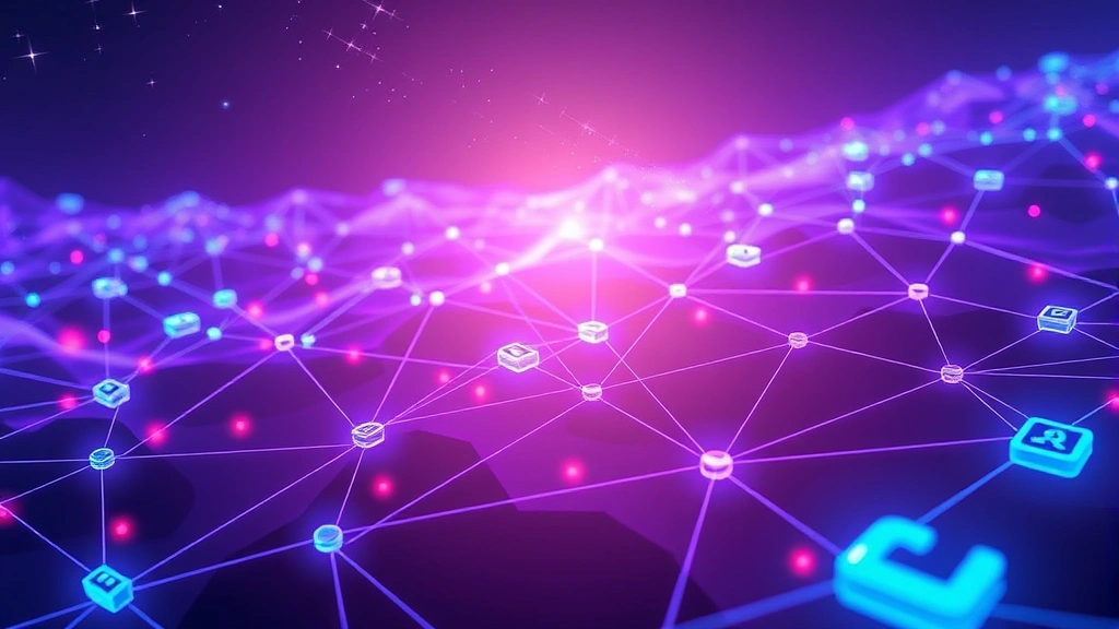 Digital illustration of a blockchain network with interconnected nodes and data blocks flowing through a futuristic digital landscape, glowing blue and purple lines representing secure connections
