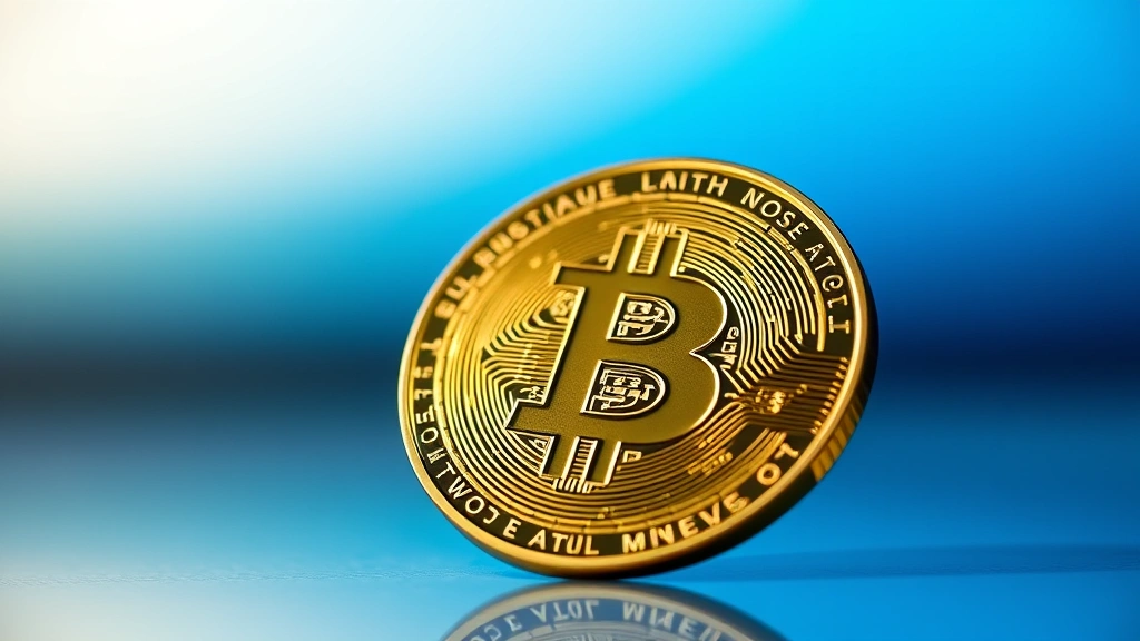 Close-up of a Bitcoin physical coin reflecting soft blue and gold lighting against a gradient background, symbolizing digital asset value and investment potential in crypto markets