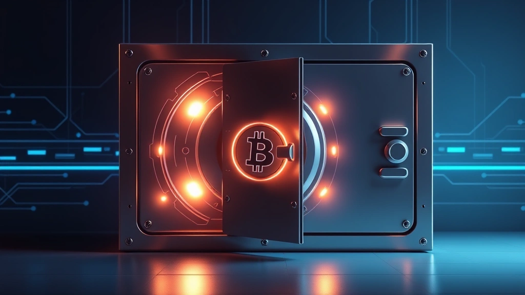 Photorealistic image of a secure digital vault or cryptocurrency hardware wallet with glowing security features, showing blockchain encryption concepts, modern minimalist design, no text overlays or technical specifications visible