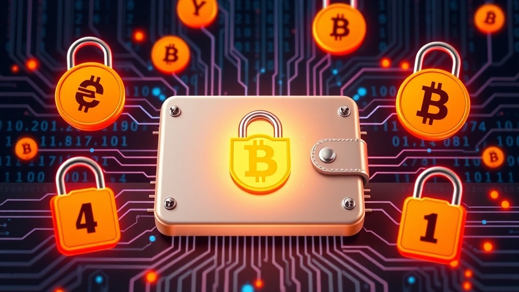 A secure hardware wallet device surrounded by digital lock symbols and encrypted data streams, symbolizing Bitcoin security and protection