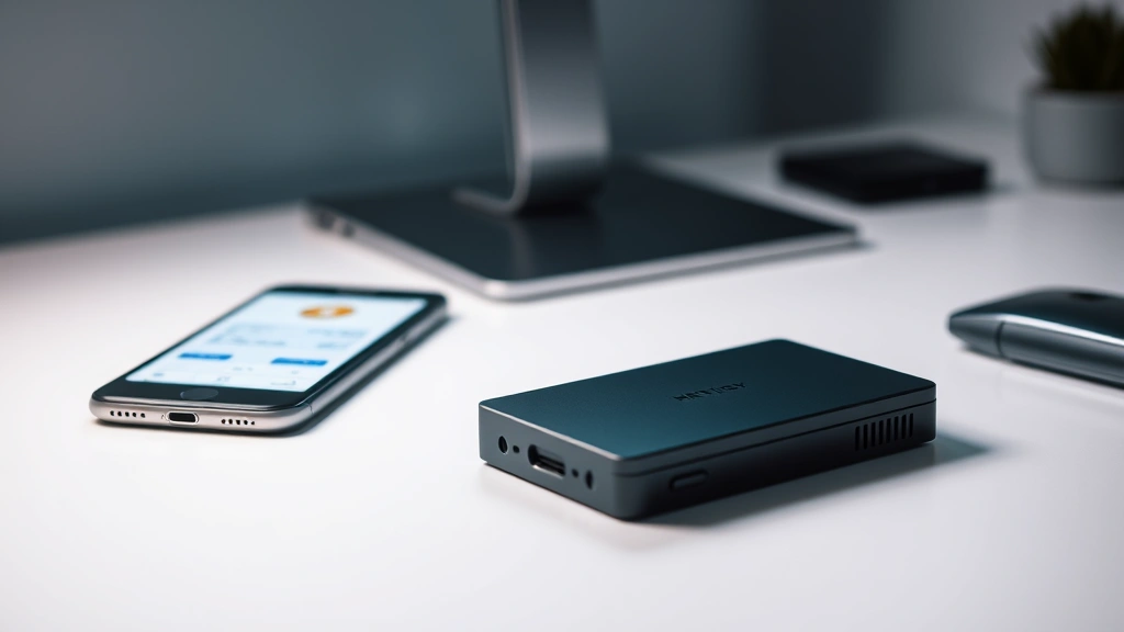 Cryptocurrency hardware wallet device on a minimalist desk with a smartphone displaying wallet interface nearby, soft ambient lighting emphasizing security and modern technology