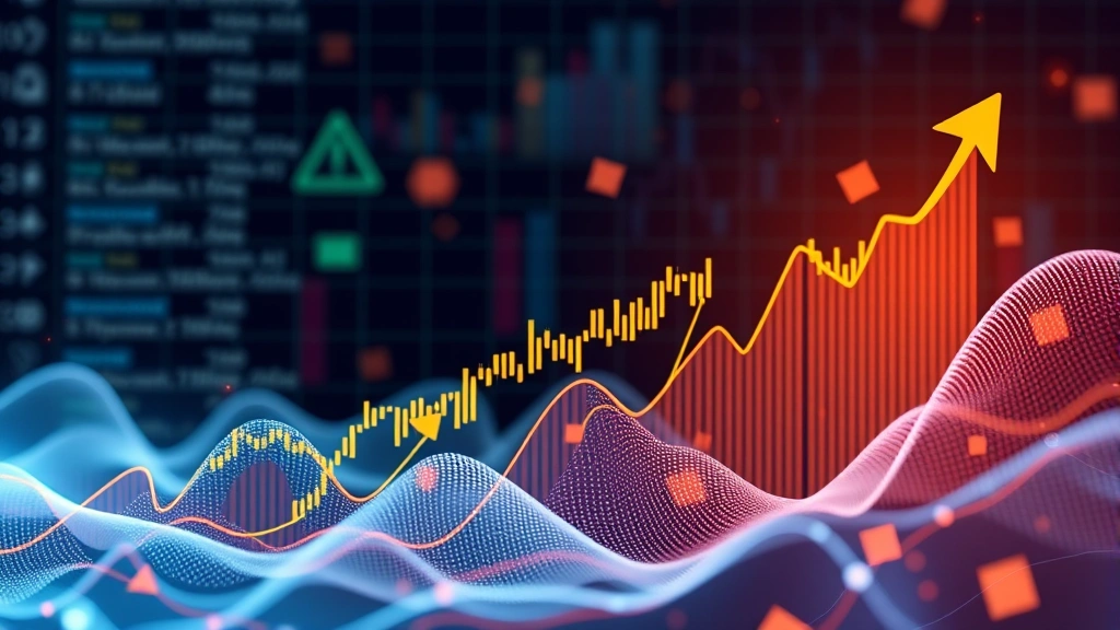 Abstract visualization of upward trending financial data with cryptocurrency market elements, showing growth patterns and volatility analysis in a professional investment context