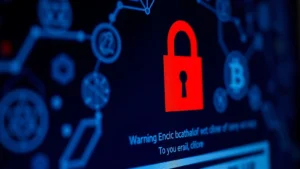 Close-up of a computer screen displaying a warning email with a red lock icon and cryptocurrency symbols in the background, photorealistic security concept