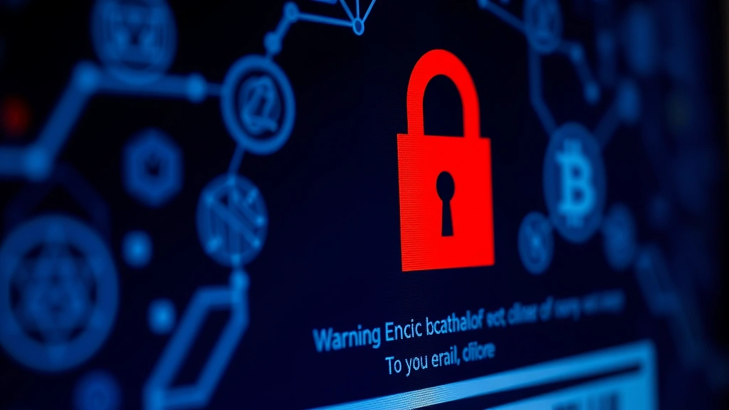 Close-up of a computer screen displaying a warning email with a red lock icon and cryptocurrency symbols in the background, photorealistic security concept