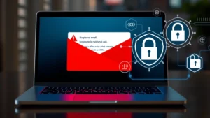 A modern laptop displaying a suspicious email with warning symbols and red alert badges on the screen, showing cybersecurity protection interface with lock icons and shield graphics overlaid