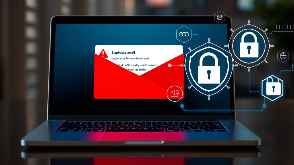 A modern laptop displaying a suspicious email with warning symbols and red alert badges on the screen, showing cybersecurity protection interface with lock icons and shield graphics overlaid