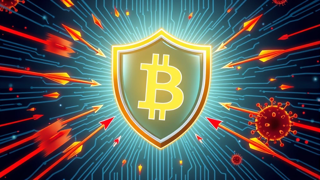 Digital illustration of a shield protecting a Bitcoin symbol from threatening arrows and malware particles, representing cybersecurity and fraud prevention