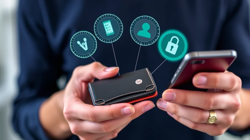 A person's hands holding a hardware wallet device next to a smartphone with security authentication icons floating above, representing cryptocurrency protection and two-factor authentication