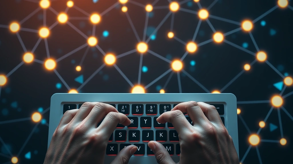 Overhead view of hands typing on a keyboard with blockchain network nodes glowing softly in the background, representing secure digital communication and verification