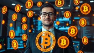 Professional businessman in formal suit surrounded by glowing Bitcoin symbols and blockchain network visualization, modern office background with digital screens showing cryptocurrency data, cinematic lighting