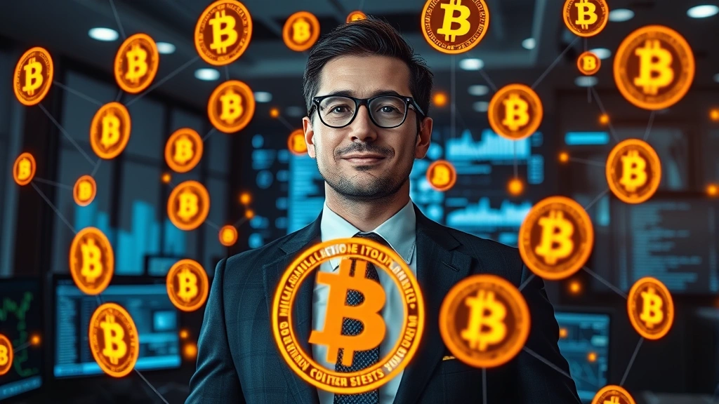Professional businessman in formal suit surrounded by glowing Bitcoin symbols and blockchain network visualization, modern office background with digital screens showing cryptocurrency data, cinematic lighting