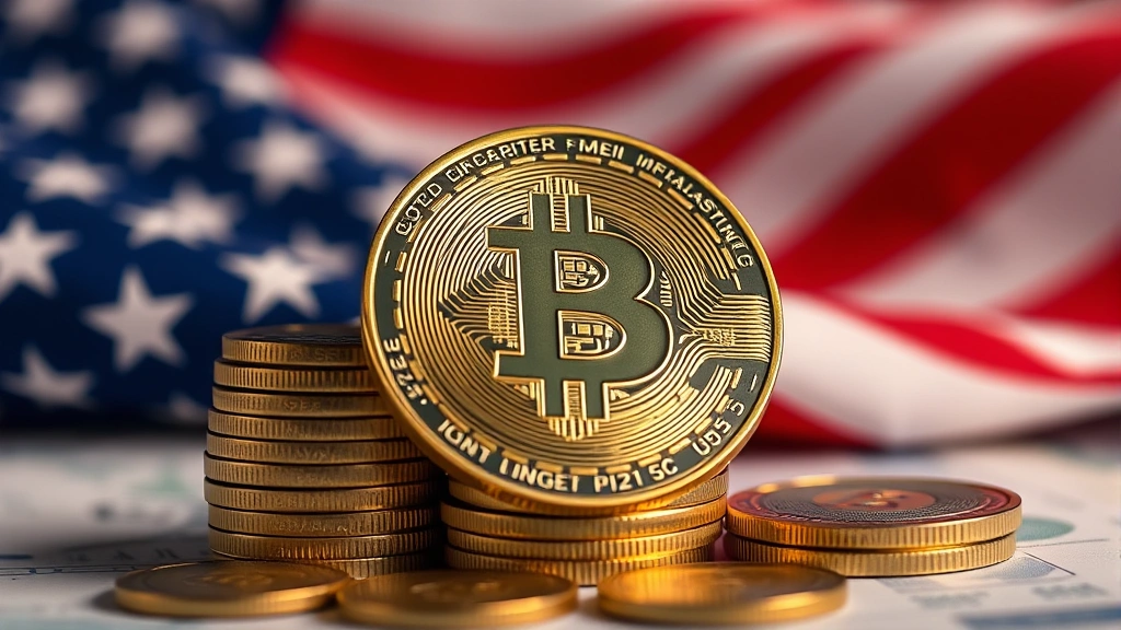 Close-up of Bitcoin coins stacked with American flag subtly integrated, warm professional lighting, shallow depth of field, financial documents blurred in background, photorealistic