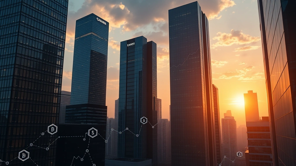 Photorealistic scene of modern financial district skyscrapers at sunset with cryptocurrency and blockchain concept visualization integrated into architecture, professional composition, no text or symbols