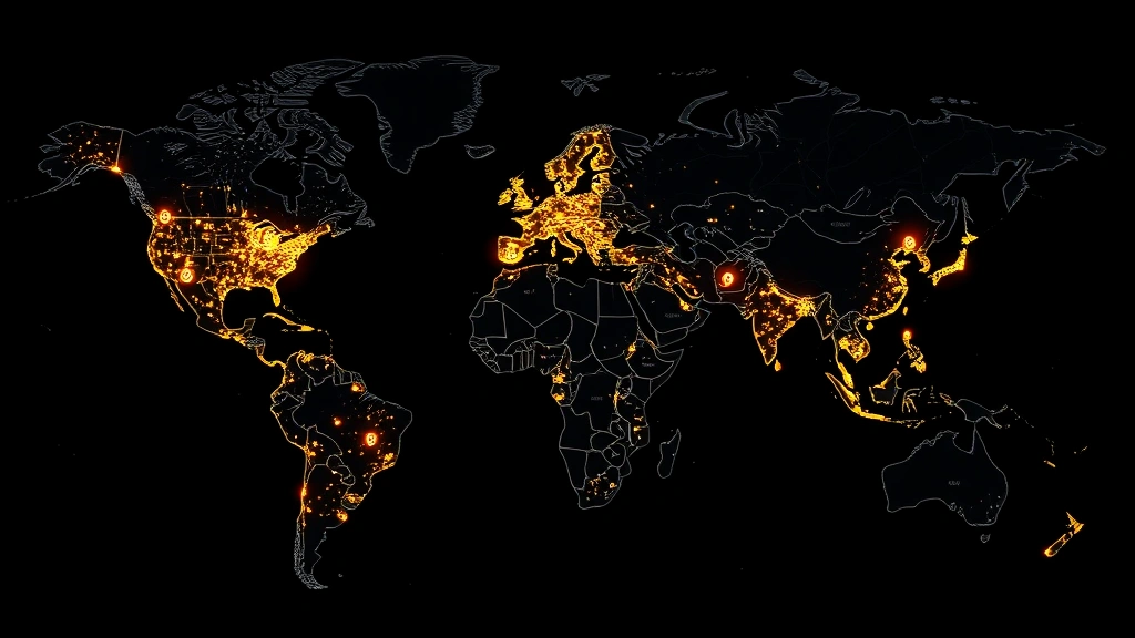 Global map with Bitcoin network nodes lighting up across continents, emphasis on North America, blockchain technology visualization, professional financial imagery, no text or numbers visible