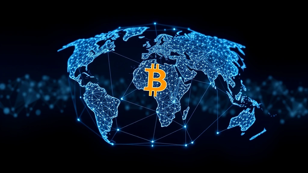 Photorealistic image of interconnected blockchain network nodes forming a globe shape, representing global Bitcoin adoption and financial integration, professional visualization style, no text