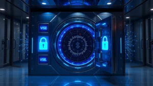 Photorealistic image of a high-tech secure cryptocurrency vault with glowing blue security locks and blockchain network visualization, modern government building interior, no text