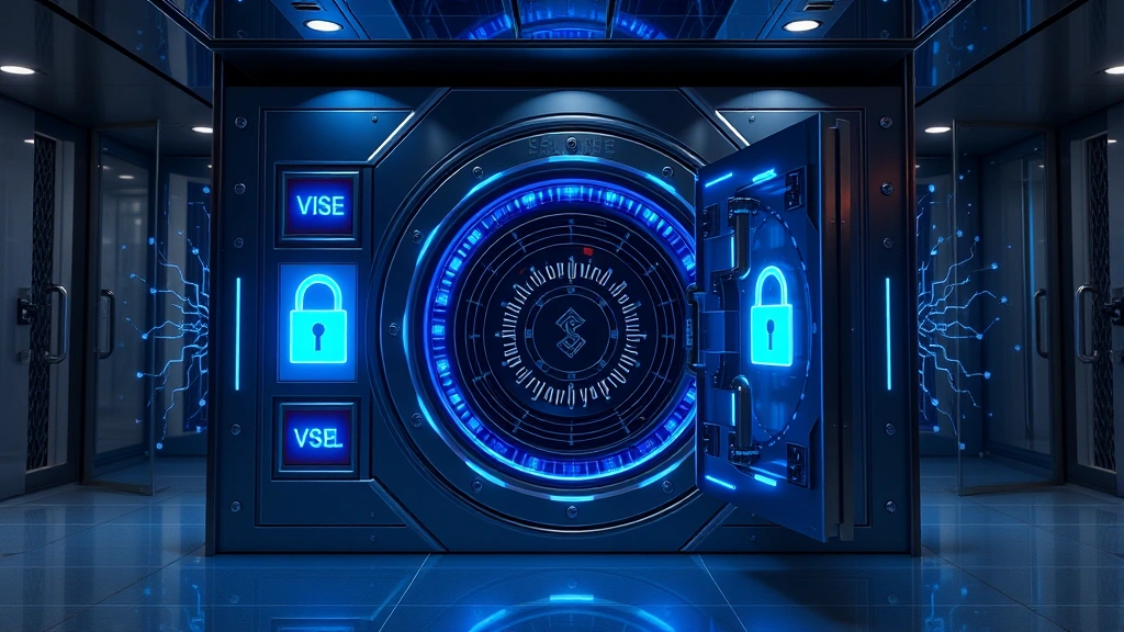 Photorealistic image of a high-tech secure cryptocurrency vault with glowing blue security locks and blockchain network visualization, modern government building interior, no text