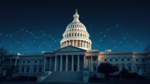 Photorealistic image of the U.S. Capitol building with subtle digital blockchain patterns overlaid in the background, representing government and cryptocurrency intersection, professional architecture photography style
